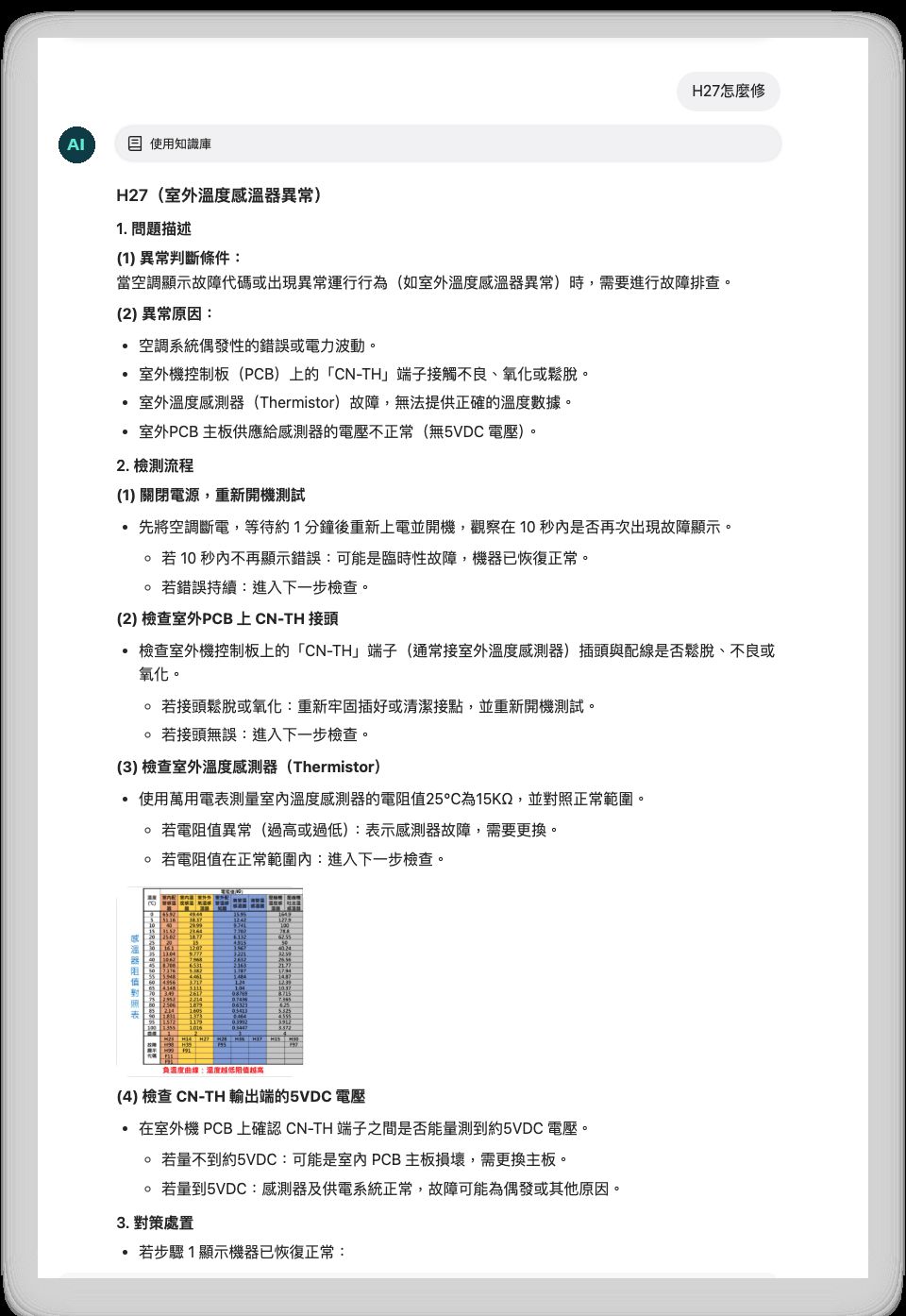 技工問「H27 怎麼修」,Agent 依知識庫列出判斷步驟