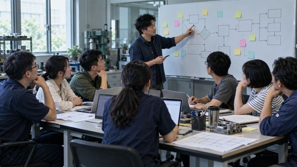 工作坊現場，講師在白板前說明流程圖
